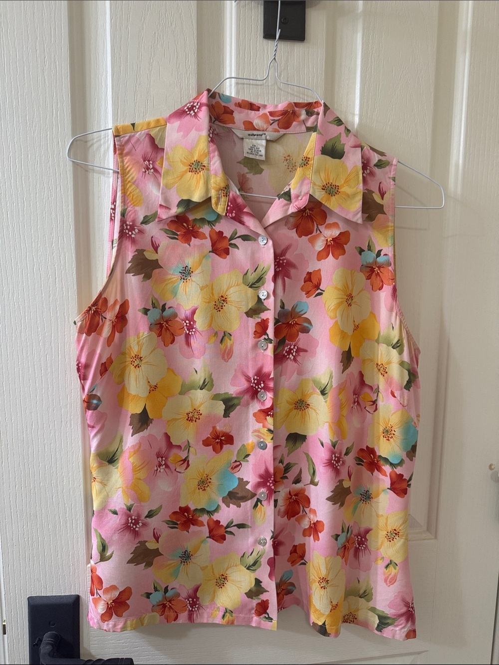 Sleeveless Pink Floral Button-Front Blouse